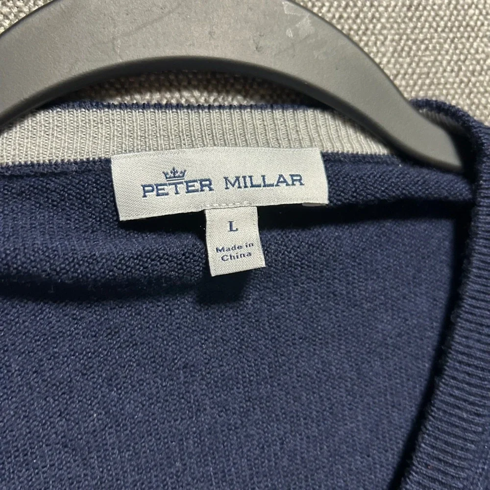 Peter Millar Sweater Mens L Navy Blue Merino Wool Silk Blend V-Neck Pullover